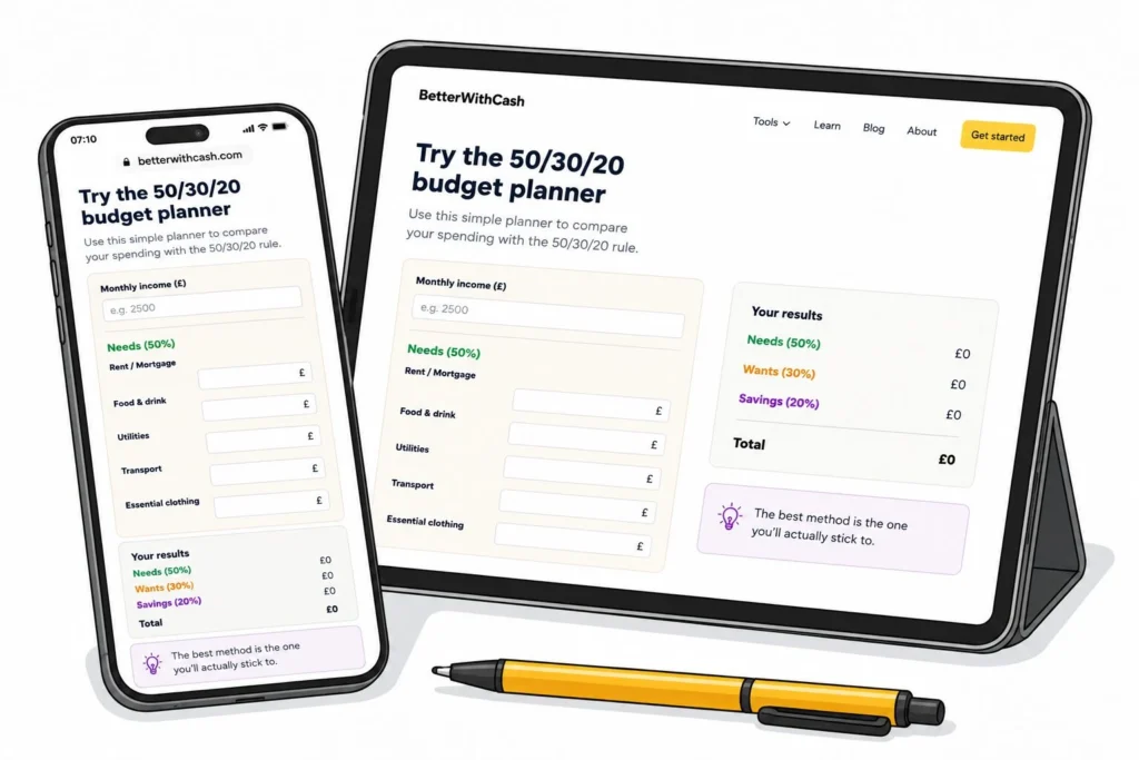 50 30 20 budget calculator shown on mobile and tablet