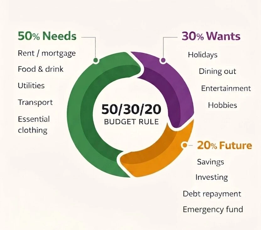 50/30/20 Budget Rule Diagram showing the 50/30/20 budgeting method