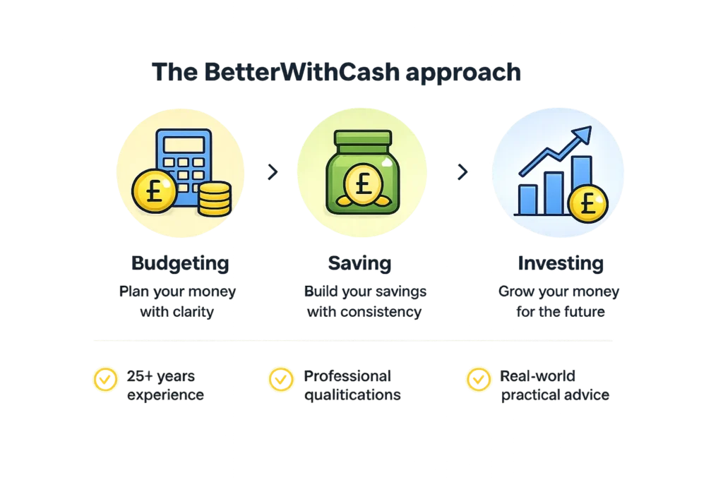 The BetterWithCash Approach The BetterWithCash approach showing budgeting, saving and investing as a simple step-by-step money journey