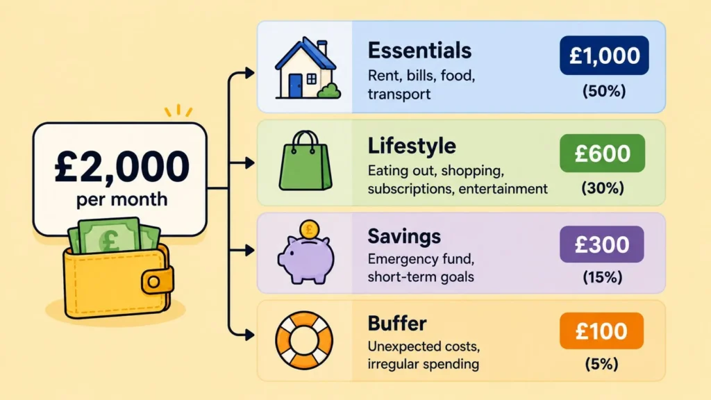 Example £2,000 Monthly Budget Breakdown Example budget allocation showing essentials, lifestyle spending, savings and buffer categories for a £2,000 monthly salary