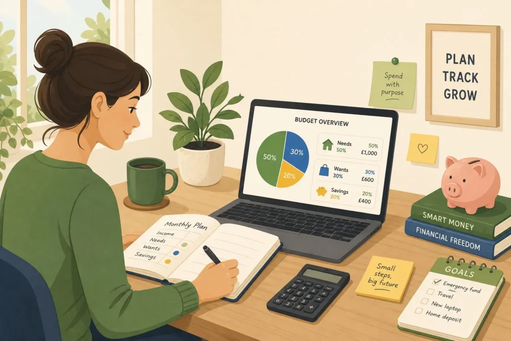 Budgeting for Beginners Guide Person creating a monthly budget using a budgeting plan and savings goals