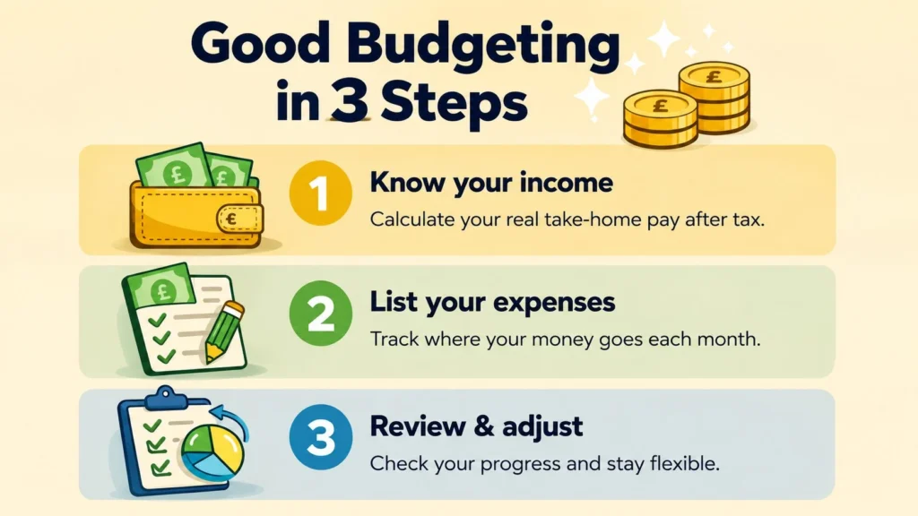 Good Budgeting in 3 Steps Illustration showing the three basic steps of budgeting