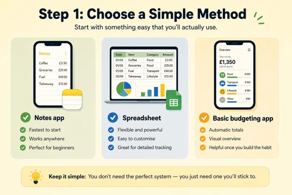 Choose A Simple Spending Tracking Method Comparison of notes app spreadsheet and budgeting app for tracking spending