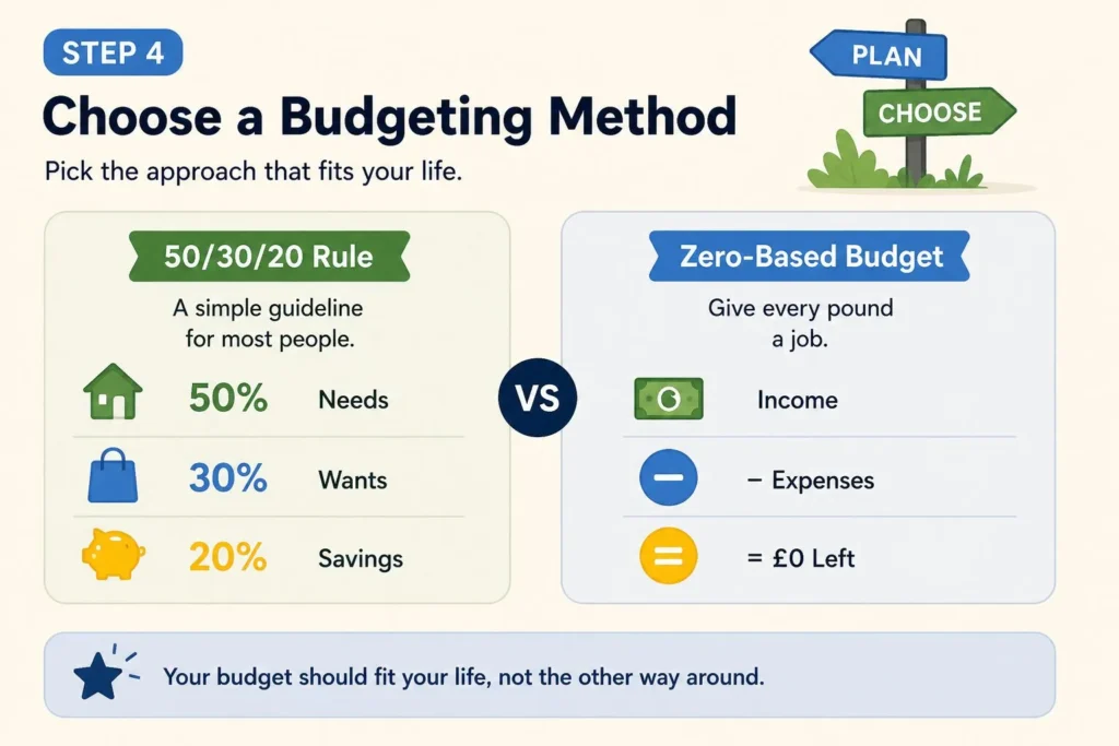 Choose a Budgeting Method 50 30 20 budget compared with zero based budgeting