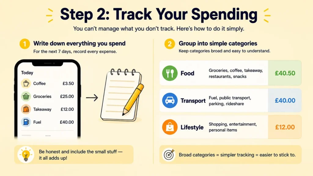 How To Track Your Spending Example of recording spending and grouping expenses into categories