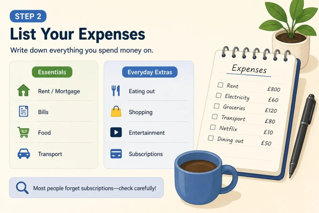 List Your Expenses Budgeting step two showing essential and non-essential expenses