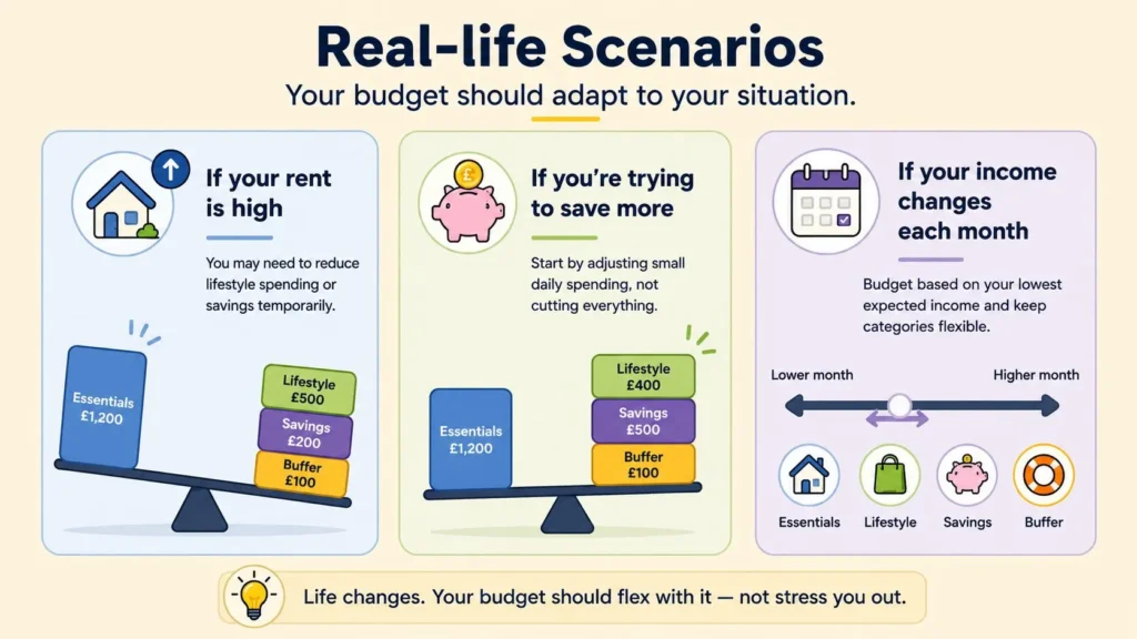 Real Life Budgeting Scenarios Budget examples showing how spending priorities can change depending on rent, savings goals and variable income