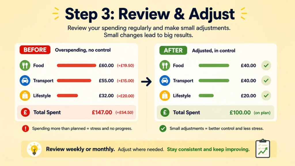 Review And Adjust Your Budget Weekly spending review comparing budgeted and actual spending