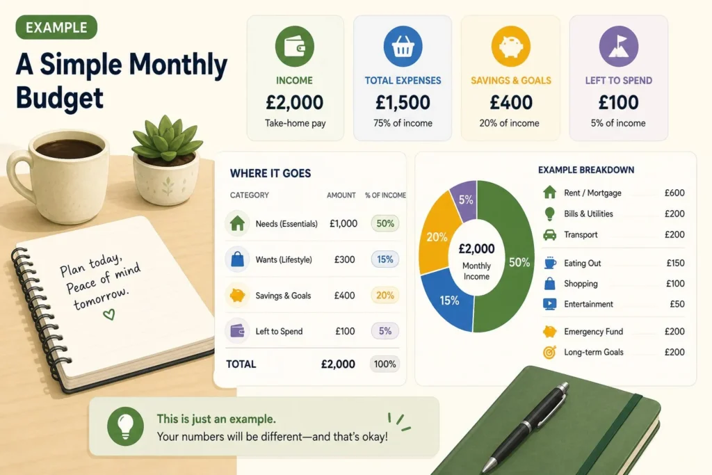 Simple Monthly Budget Example Example monthly budget based on £2000 income