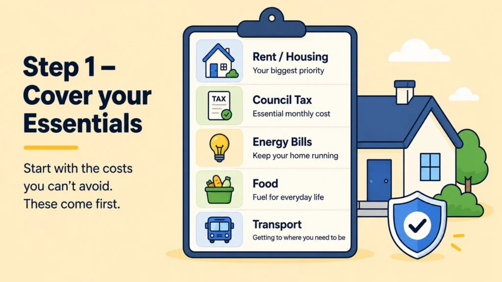 Step 1: Cover Essential Expenses First Budgeting illustration showing rent, council tax, food, transport and energy bills as essential expenses