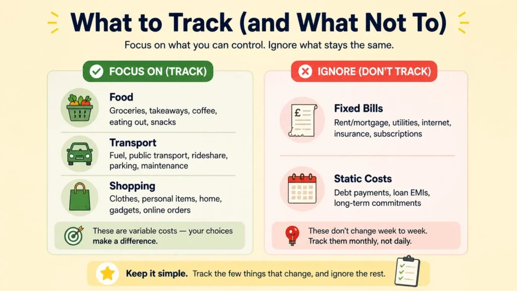 What To Track And What Not To Track Examples of spending categories to track and fixed costs that require less attention