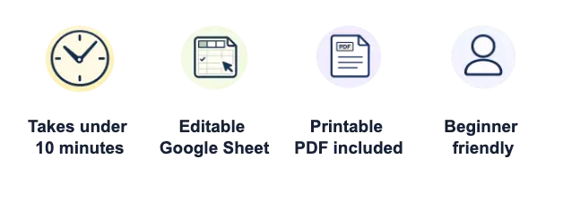 Budget Blueprint features: takes under 10 minutes, editable Google Sheet, printable PDF included and beginner friendly