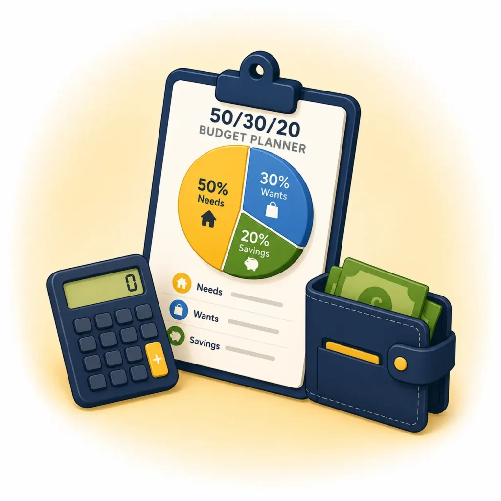 50/30/20 budgeting planner with calculator and wallet illustration.