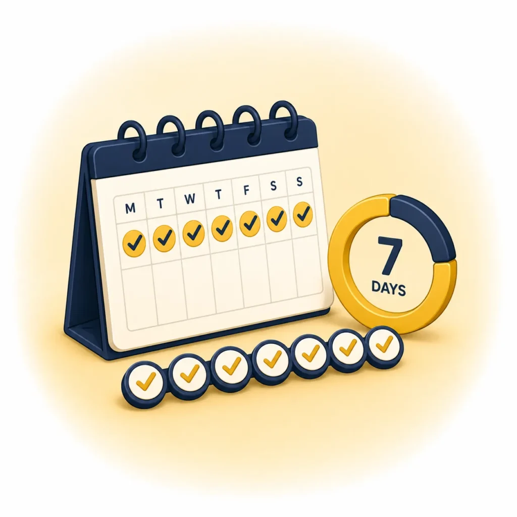 Calendar with seven completed days and progress ring illustration for the BetterWithCash 7-Day Spending Reset.
