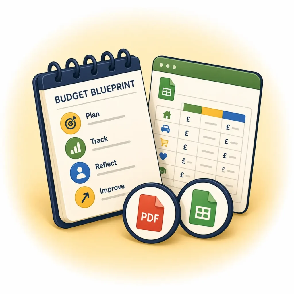 Budget Blueprint workbook with PDF and Google Sheets illustration.
