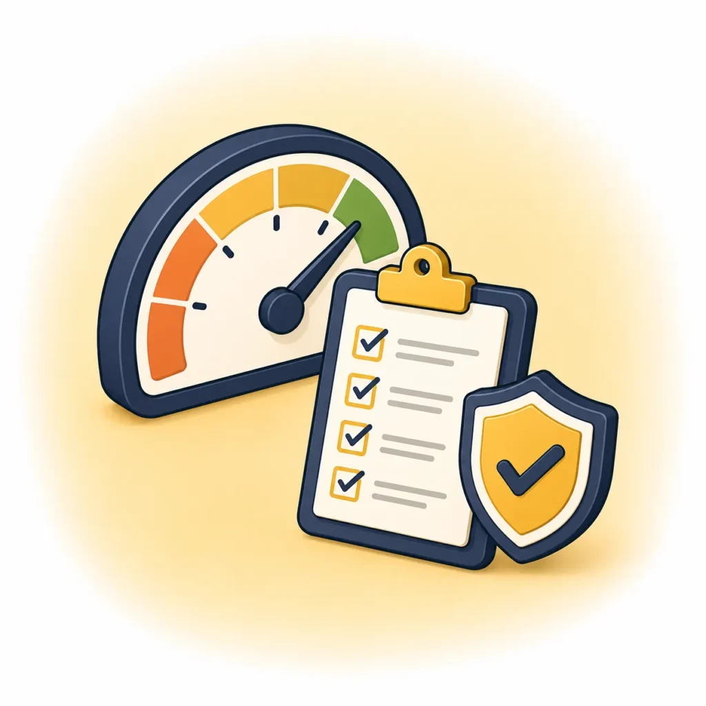 Speedometer, clipboard and shield illustration for the BetterWithCash Budget Health Check.