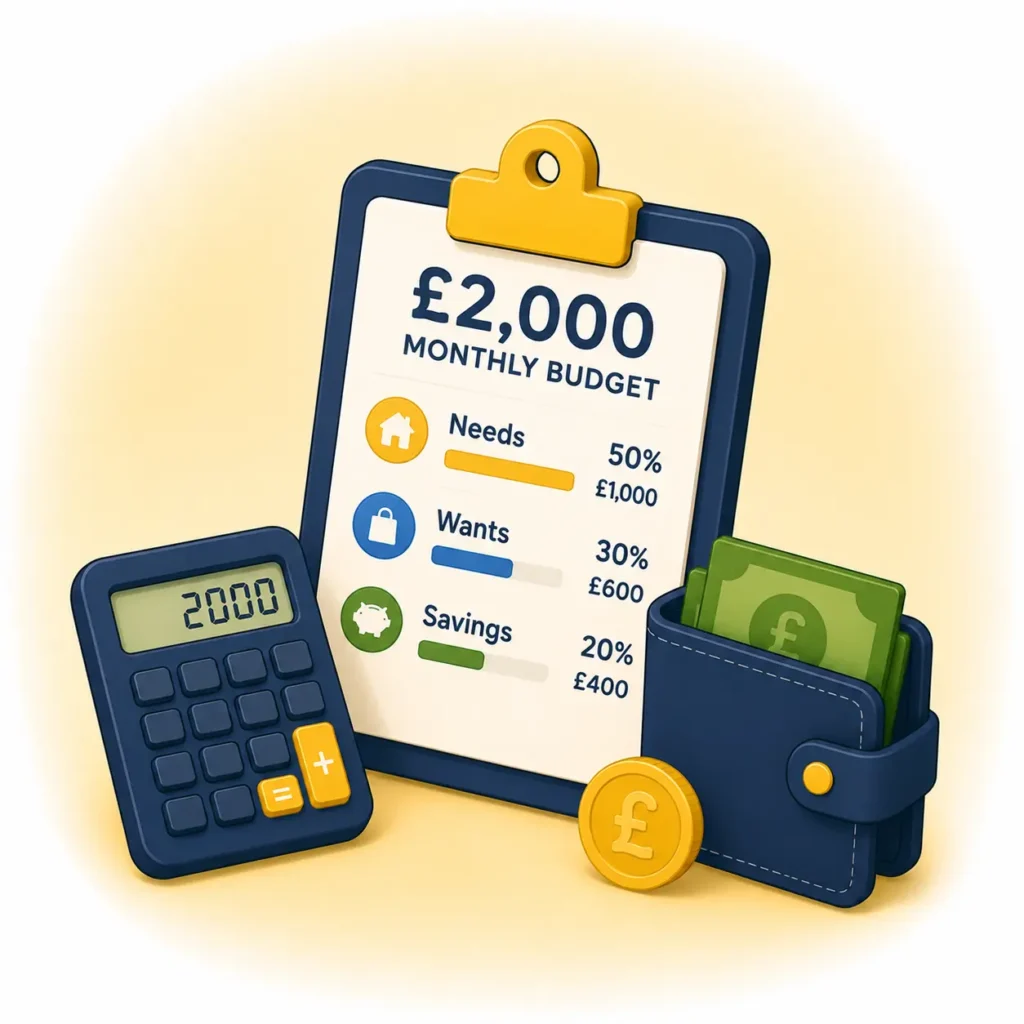 £2,000 monthly budget illustration with calculator and wallet.