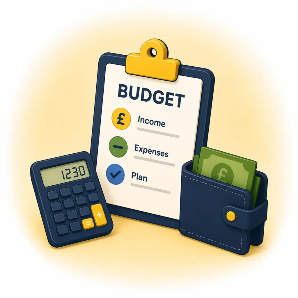 Budget checklist, calculator and wallet illustration for the Budgeting for Beginners article.