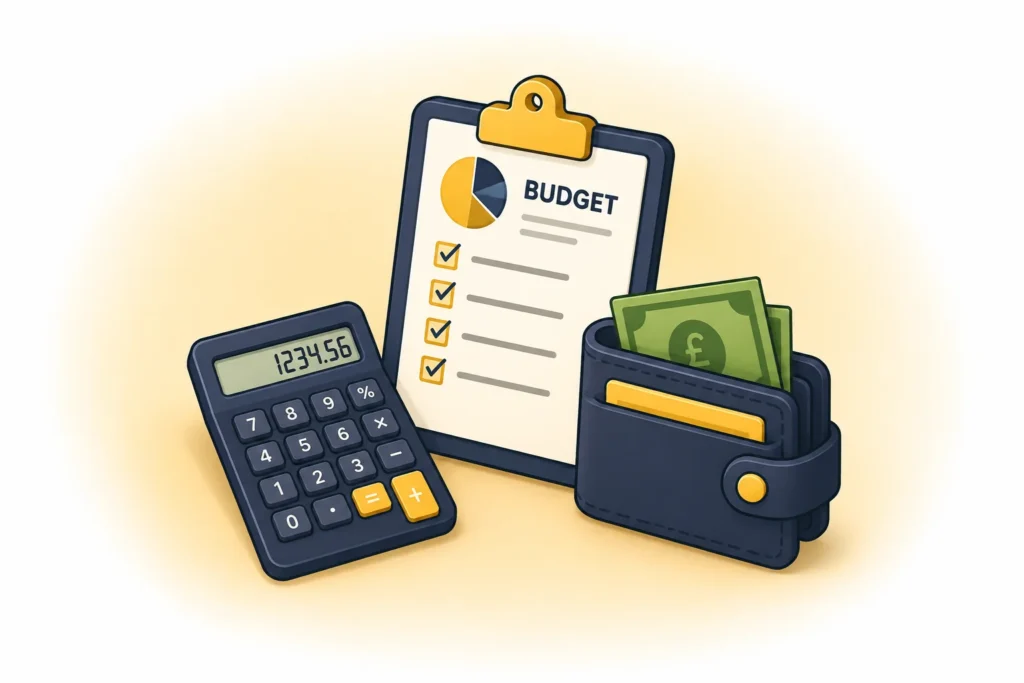 Calculator, clipboard and wallet illustration for the BetterWithCash budgeting guide.