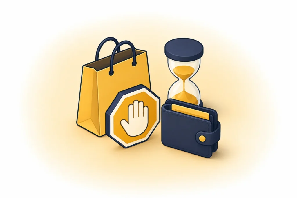 Shopping bag, stop sign, wallet and hourglass illustration for the BetterWithCash How to Stop Overspending guide.