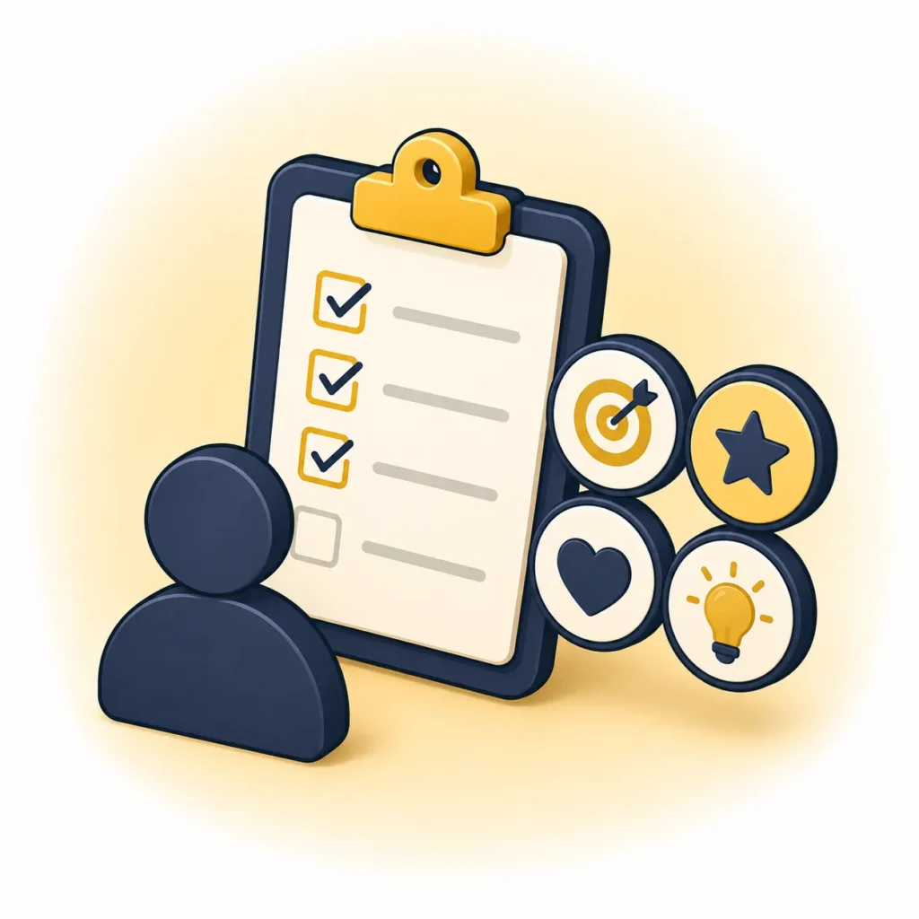 Checklist with personality icons and user profile illustration for the BetterWithCash Spending Personality Quiz.