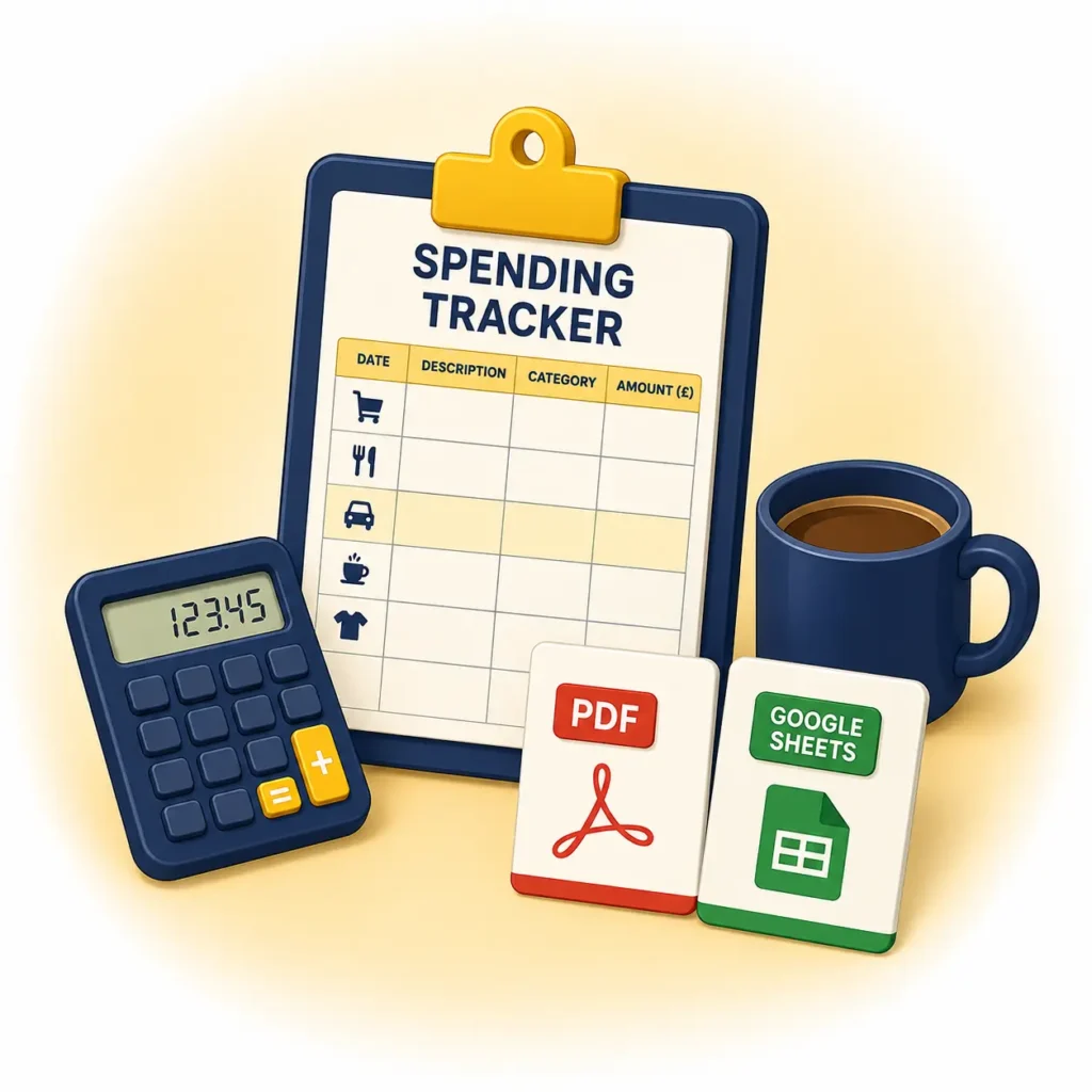 Spending tracker with expense sheet, calculator and PDF and spreadsheet options