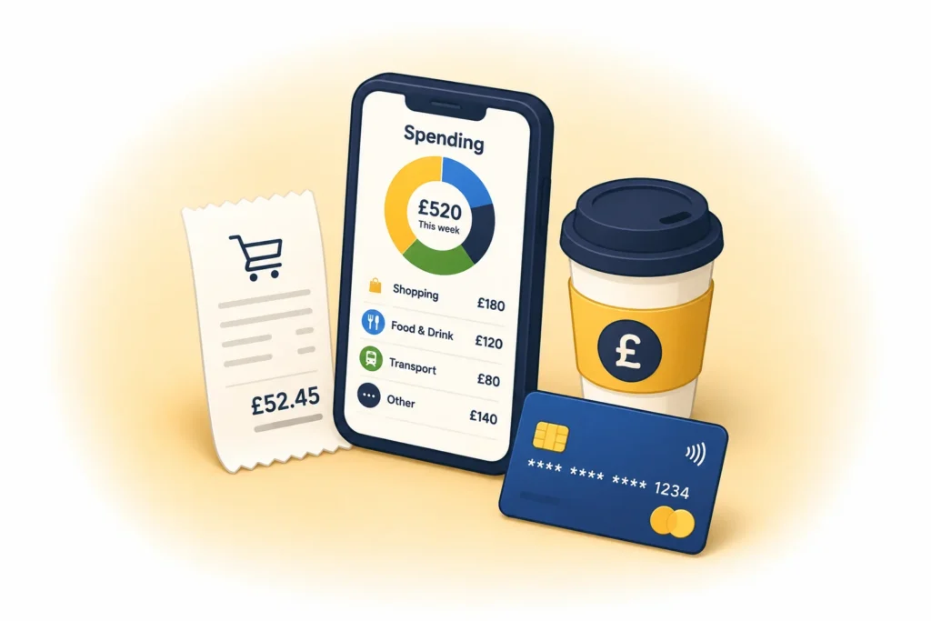 Phone, receipt, coffee and bank card illustration for the BetterWithCash Track Your Spending guide.