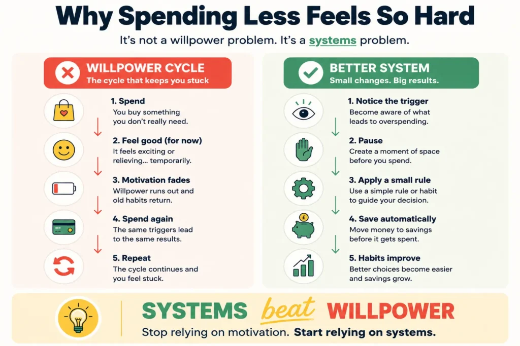 Infographic comparing the willpower cycle of overspending with a simple spending system that helps build better money habits.